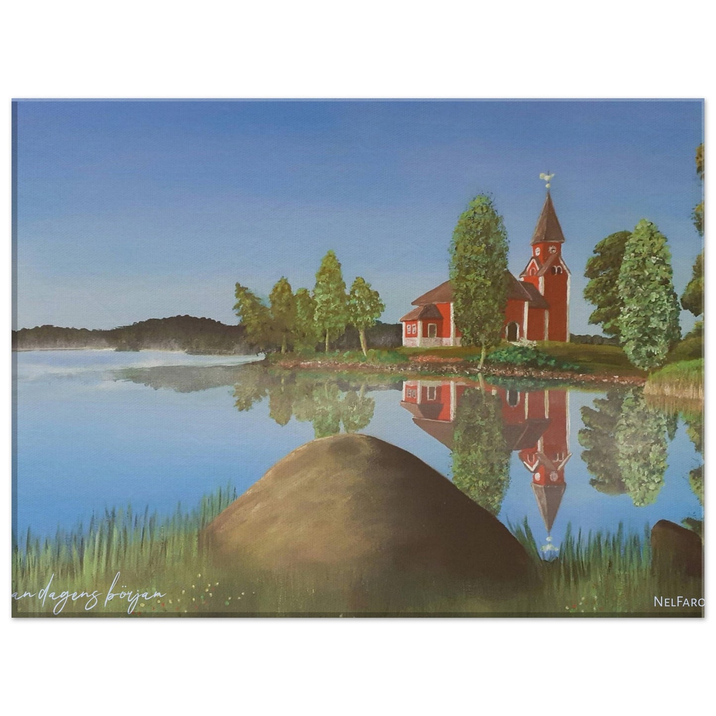 "innan dagens början" - målningen av Näsrämmen & Rämmen kyrka tryckt på canvas