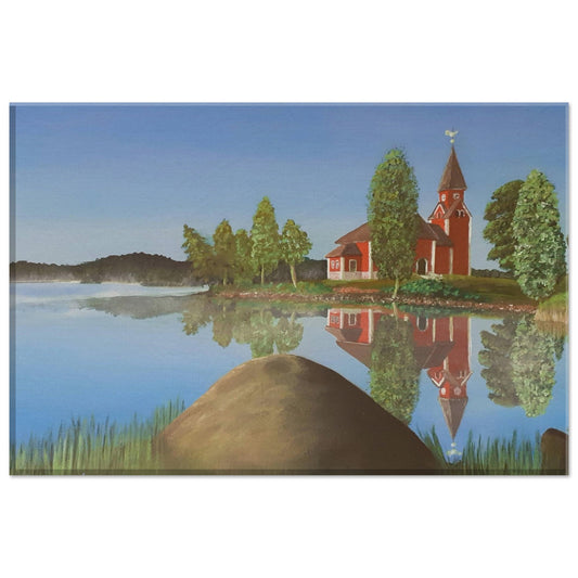 "innan dagens början" - målningen av Näsrämmen & Rämmen kyrka tryckt på canvas